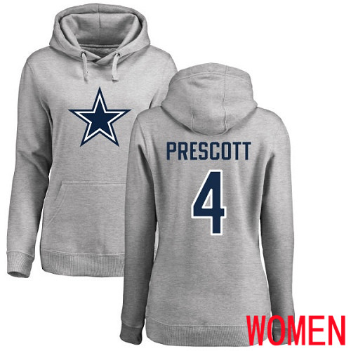 Women Dallas Cowboys Ash Dak Prescott Name and Number Logo #4 Pullover NFL Hoodie Sweatshirts->nfl t-shirts->Sports Accessory
